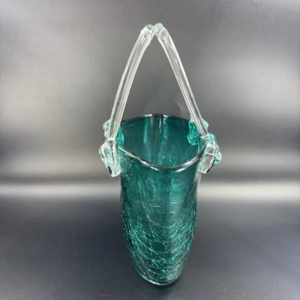 Hand Blown Green Crackle Glass Purse Shape Vase Glassware Decor‎ Clear Handles
